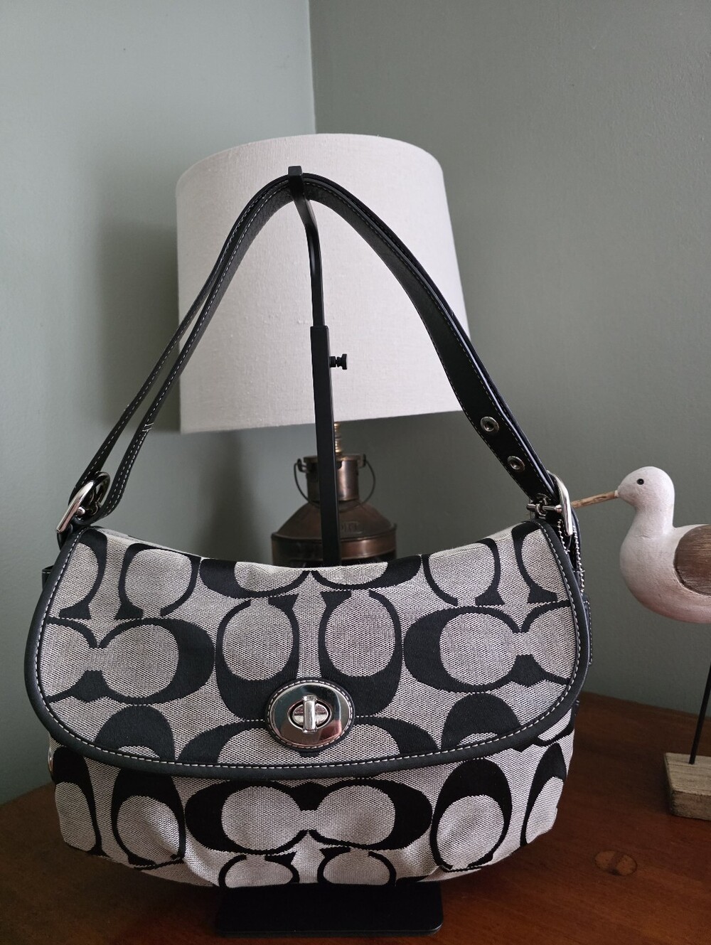 Coach F15171 Signature Turnlock Flap Convertible Canvas Leather Shoulder Bag